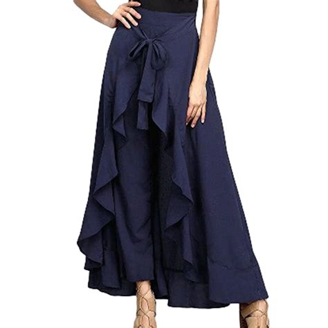 Ruffle Wide Leg Loose Pants Wrap Skirts Women 2018 New Casual Fashion Navy Chiffon Tie Waist