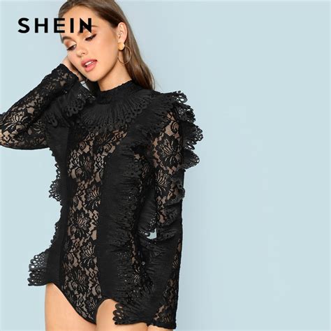 Shein Black Party Sexy Ruffle Embellished Sheer Lace Long Sleeve Solid