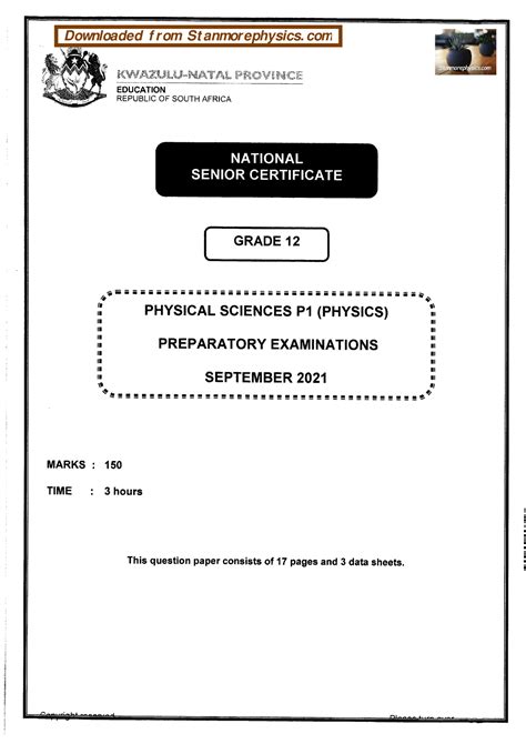 Physical Science Grade 12 Trial 2021 P1 And Memo Phys1000 Studocu