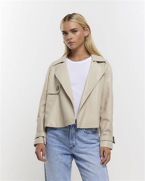 River Island Faux Leather Crop Trench Coat In Natural Lyst UK