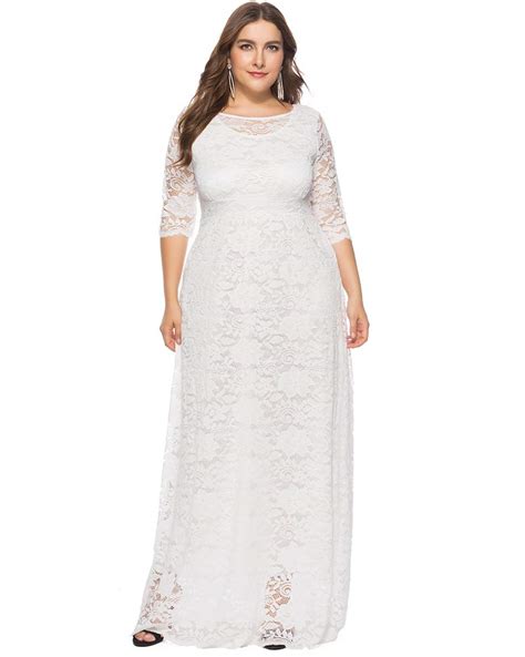 Lalagen Womens Plus Size Floral Lace 3 4 Sleeve Maxi Wedding Evening