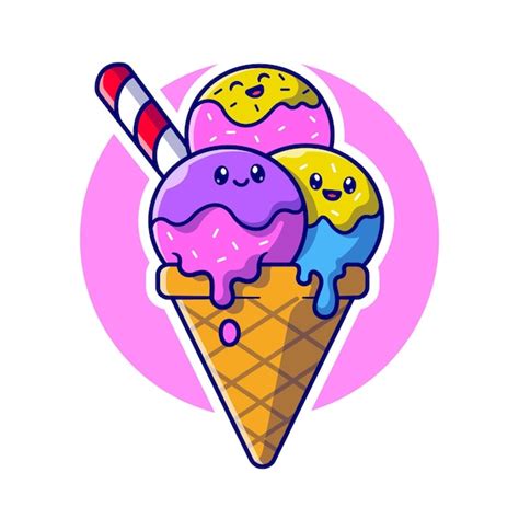 Cute Ice Cream Cone Cartoon Vector Icon Illustration Food Drink Icon