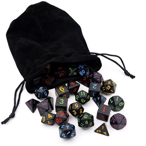 Buy 5 Sets New Black Polyhedral Dice With Satin Lined Velvet Bag For