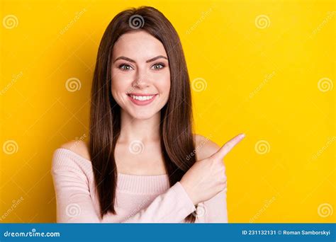 Photo Of Optimistic Brunette Lady Point Empty Space Wear Pink Shirt