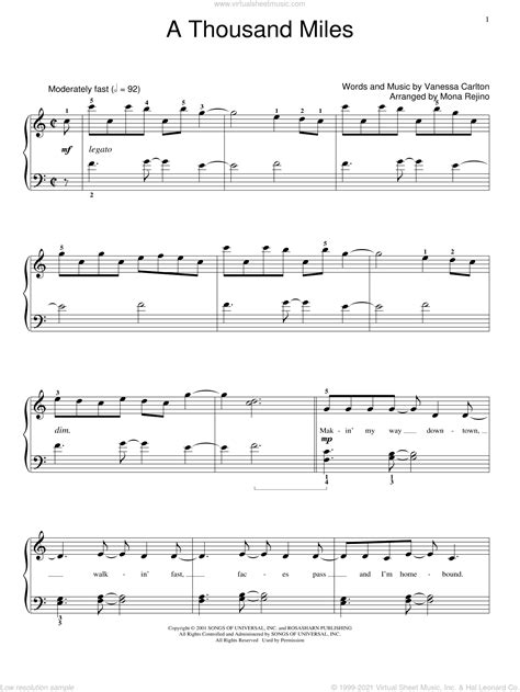 Carlton - A Thousand Miles sheet music (beginner) for piano solo ...