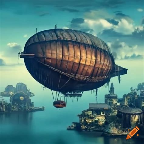 Steampunk Airship Flying Over Tropical City On Craiyon