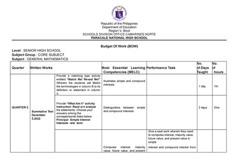 Bow Nd Quarter Stat And Prob Republic Of The Philippines