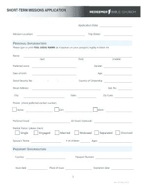 Redeemer Bible Church Short Term Missions Trip Application Packet