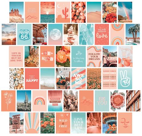 Peach And Teal Aesthetic Wall Collage Kit 50 PRINTED 4x6 VSCO Orange