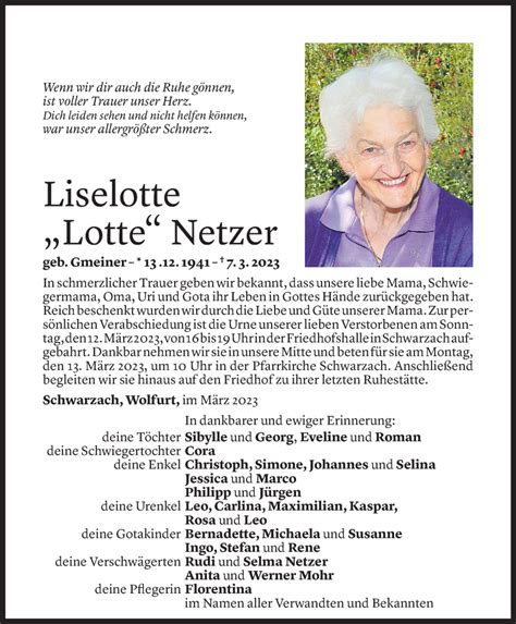 Todesanzeigen Von Liselotte Netzer Todesanzeigen Vorarlberger Nachrichten