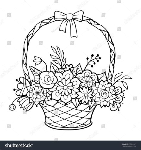 Basket Flowers Handle Decorated Ribbon Bow Stock Vector Royalty Free