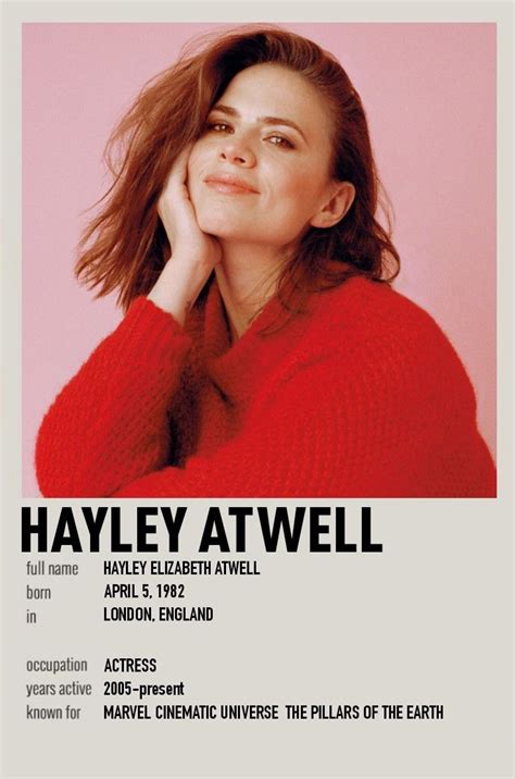 an advertisement for hayley atwell with a woman wearing a red sweater ...