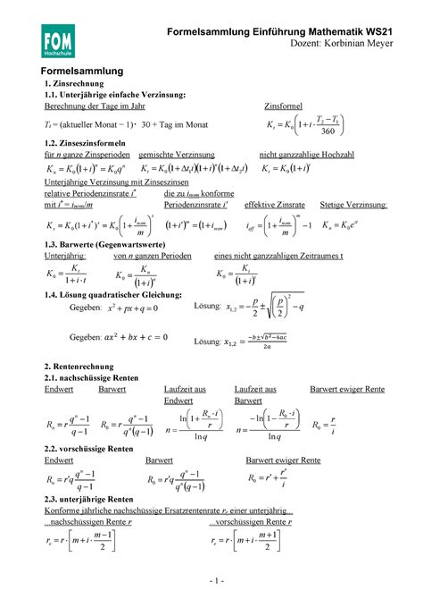 Formelsammlung EM WS21 Formelsammlung Einführung Mathematik WS Dozent