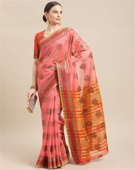 Buy KAVINDI Printed Bollywood Jacquard Cotton Silk Saree Pink Online