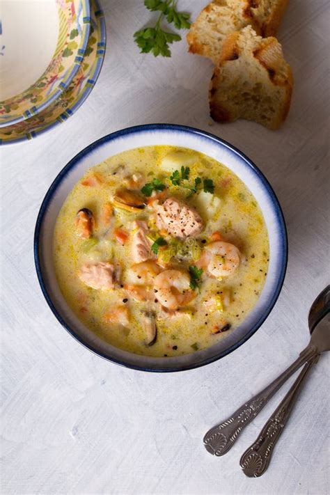 Seafood Chowder With Salmon Shrimps Crabmeat And Mussels Stock Photo