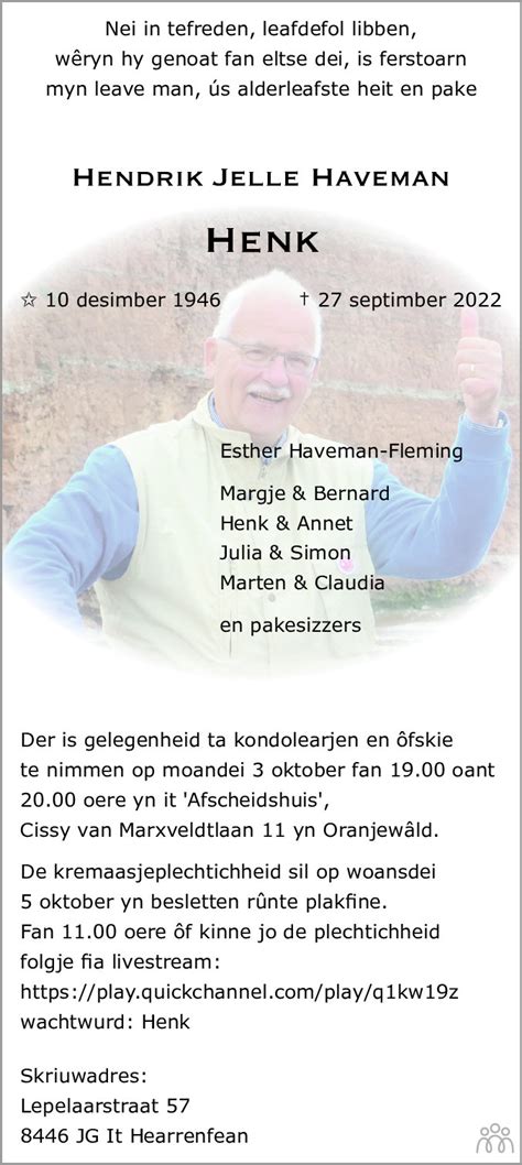 Hendrik Jelle Henk Haveman 27 09 2022 Overlijdensbericht En