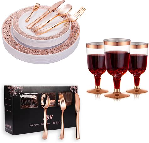 Amazon N R Pcs Rose Gold Plastic Plates With Plastic Silverware