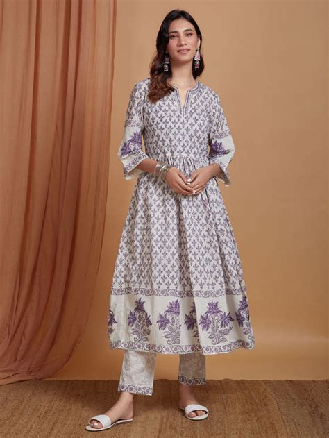 Buy Grey Hand Block Printed Cotton Angrakha Kurta With Pants Set Of