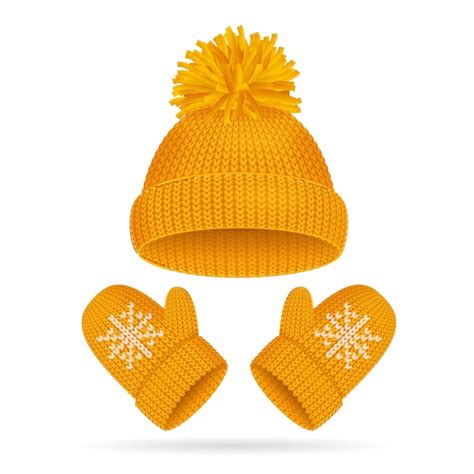 Premium Vector Yellow Hat With A Pompom And Mitten Set Knitted Seasonal Winter Accessories