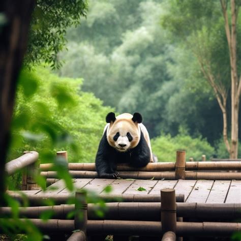 Un oso panda está sobre una plataforma de madera en un bosque Foto