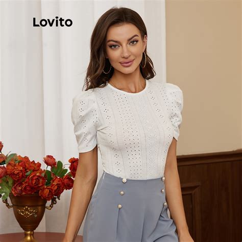 Lovito Camiseta Feminina Elegante Lisa Tecido Jacquard Manga