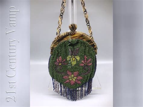 S Beaded Purse With Celluloid Clasp And Handle Beadwork Fringe