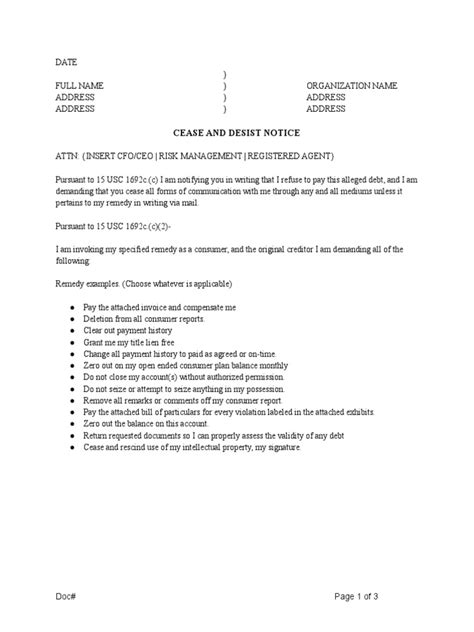 Cease And Desist Template Pdf