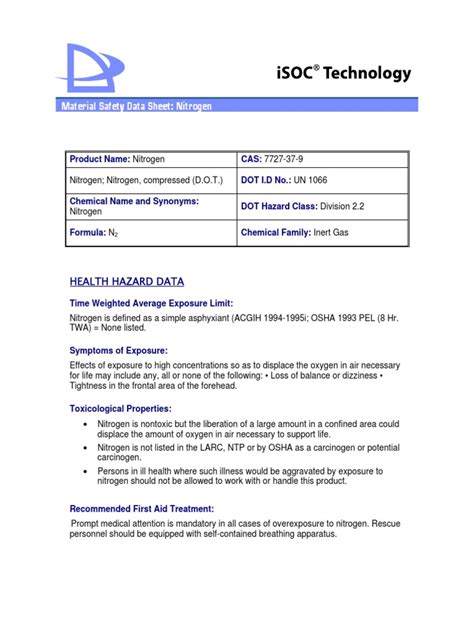 Material Safety Data Sheet Nitrogen Pdf Gases Chemistry