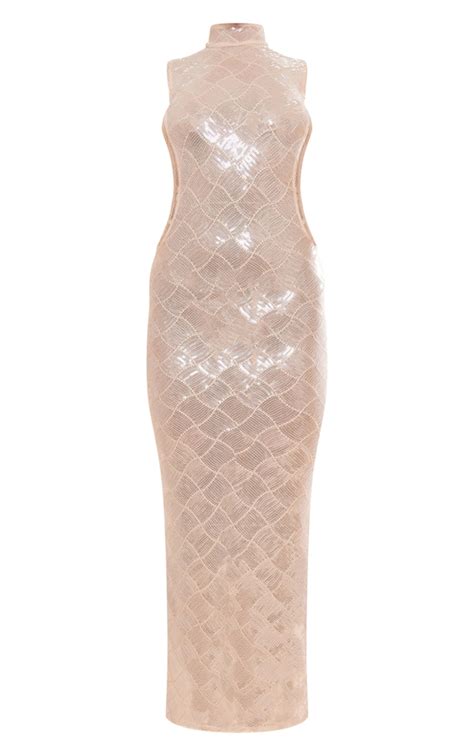 Gold Patterned Sequin Side High Neck Midaxi Dress Dresses