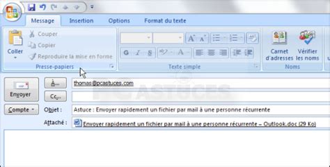 Envoyer rapidement un fichier par mail à une personne récurrente Outlook