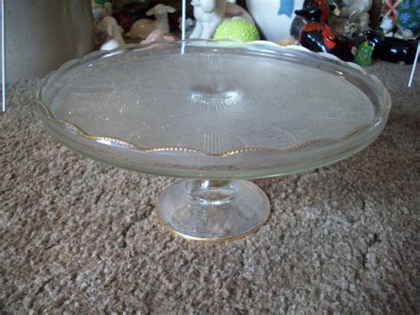 Vintage Crystal Glass Pedestal Cake Plate With Gold Trimmed Fluted Edge