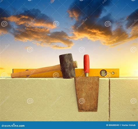 Masonry Tools on Brick Wall Stock Photo - Image of solid, development: 80688040