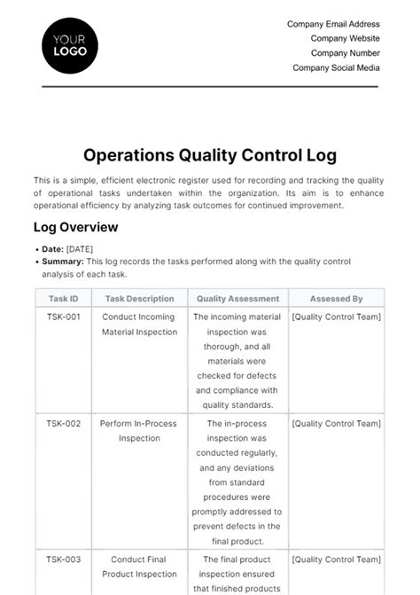 Free Operations Quality Control Log Template Edit Online And Download