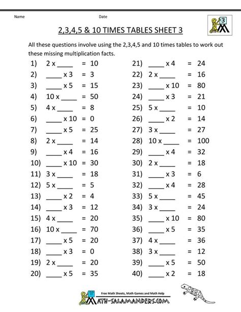 Math Worksheets 3rd Grade Multiplication 2 3 4 5 10 Times Tables 3