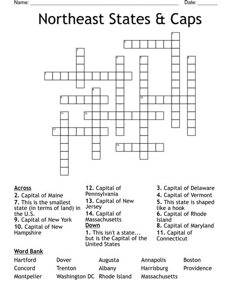 Northeast States Caps Crossword WordMint