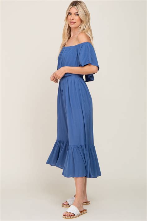 Blue Flounce Off Shoulder Jumpsuit Pinkblush