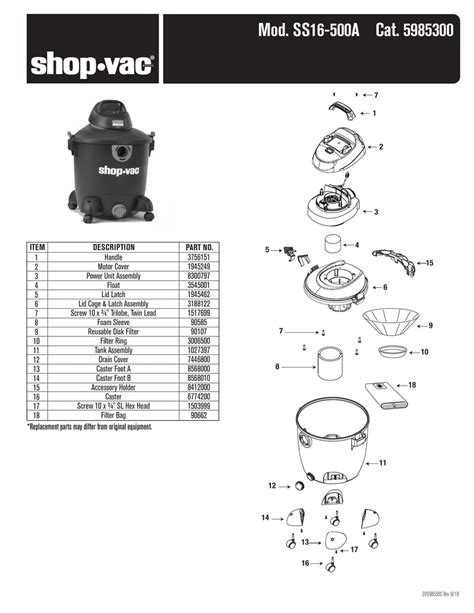 Shop Vac Parts List For Ss16 500a Models Shop Vac 12 Gallon 5 0 Peak Shop Vac Store