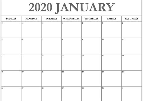 Blank January 2020 Calendar | Free printable calendar monthly, 2020 ...