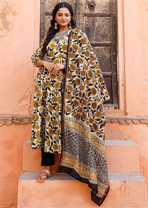 Get Black And Brown Hand Blocked Anarkali Suit Set With Chanderi