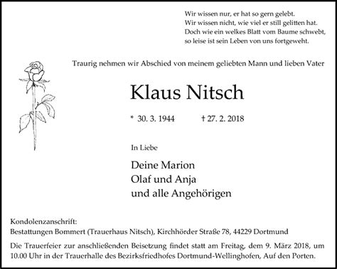 Traueranzeigen Von Klaus Nitsch Sich Erinnern De