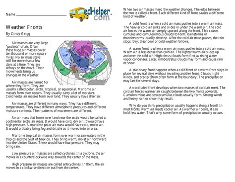 Weather Fronts Reading Comprehension Worksheet Download Printable PDF ...