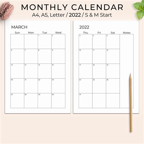 Month On Two Pages 2022 Printable Template A4 A5 Letter Half Letter