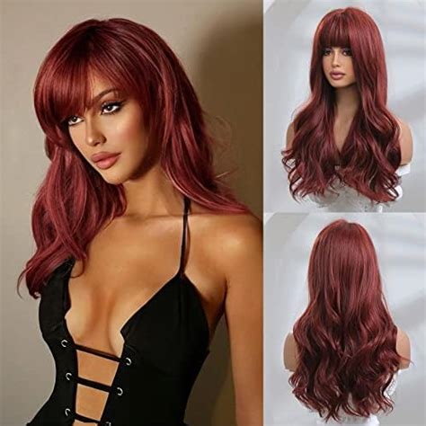 Beron 26 Inches Red Wig Long Wavy Wig With Bangs For Women