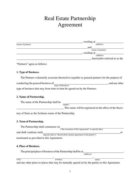 Free Printable Real Estate Partnership Agreement Templates Pdf Checklist