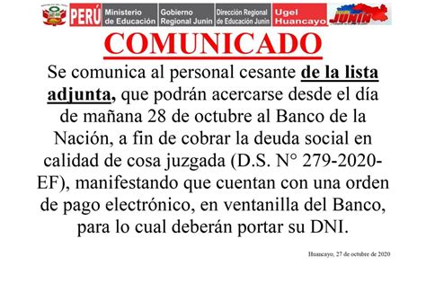 Comunicado Pago De Deuda Social Lista De Cesantes Ugel Huancayo