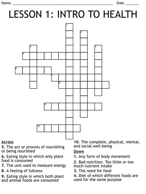 Lesson 1 Intro To Health Crossword Crossword Learn A New Language