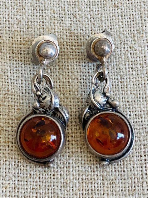 Vintage 925 Sterling Silver Amber Earrings EBay