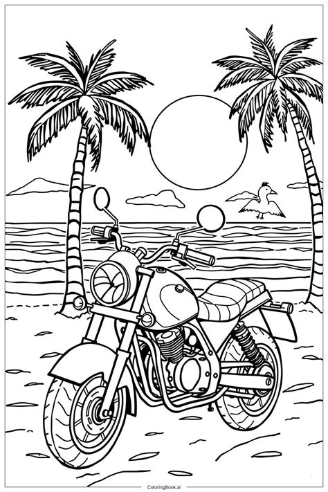 Motorcycle Beach Sunset Coloring Page (Free PDF&PNG Printable)