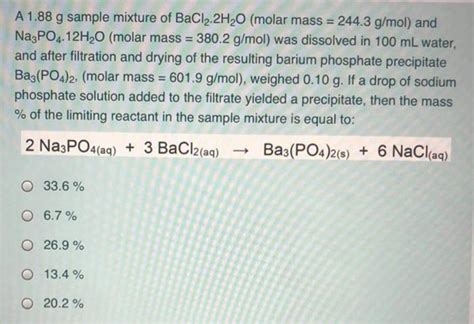 Solved A 188 G Sample Mixture Of Bacl22h2o Molar Mass