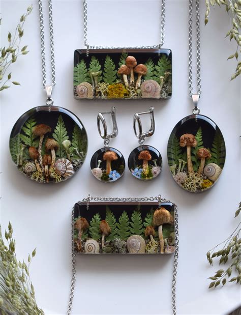 Pendant Mushrooms Micro World Necklace With Real Mushrooms Medallion